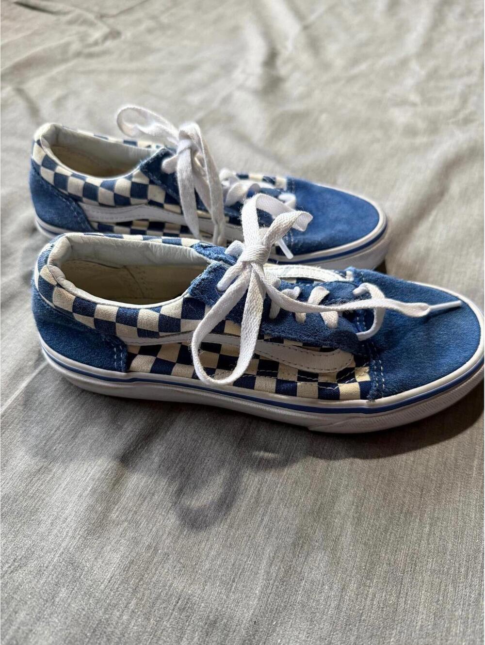 Vans Kids Old Skool Checkerboard Sneakers Shoes Suede Blue White Comfy Youth 3.5